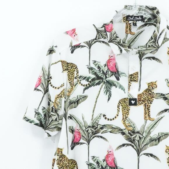 Bad Birdie Shirt Men Large White Cheetah Parrot Palm Print Golf Performance - Picture 4 of 15